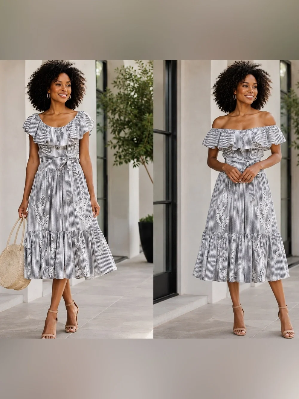 Tory Burch Gray & White Embroidered Cotton Midi Dress NWOT
